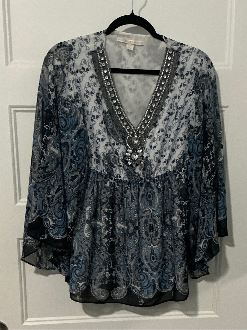 Boston Proper Blue and White Beaded Paisley Tunic